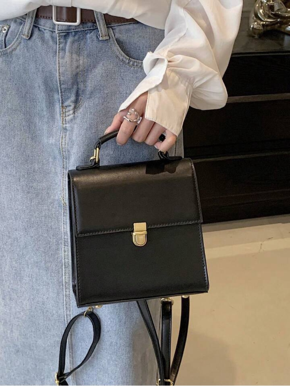 Black Structured Mini Backpack with Gold Hardware - Picture 7 of 7